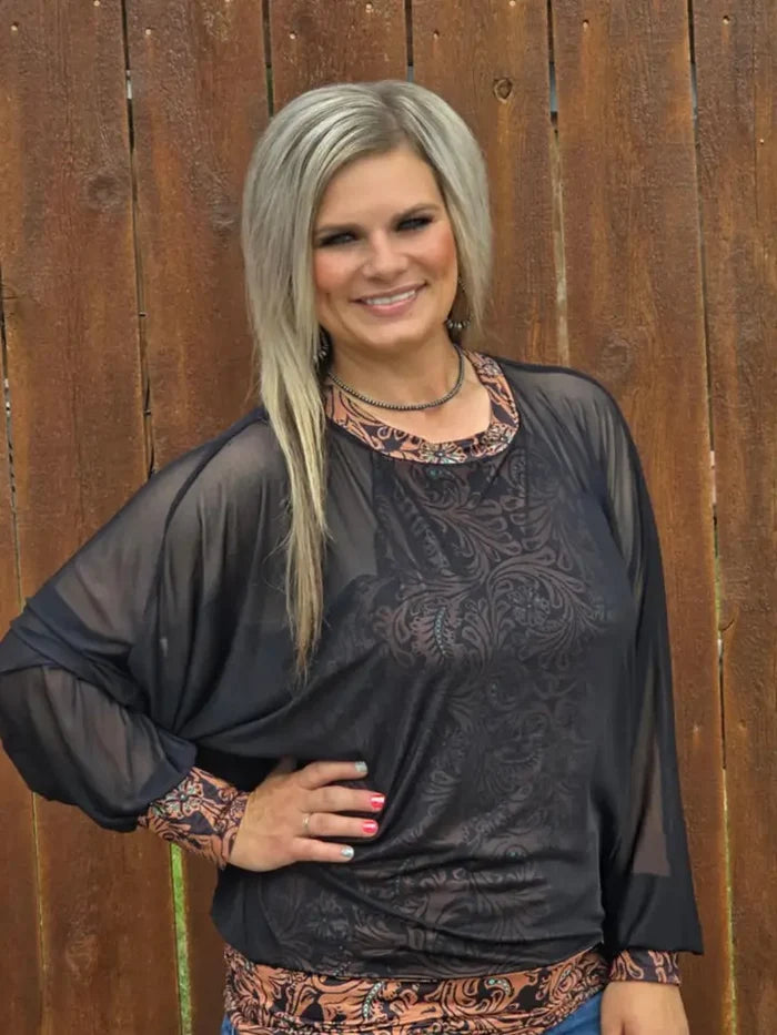 Sterling Kreek Women's Western Dreams Tooled Leather Print Tank & Black Mesh Overlay Long Sleeve Top