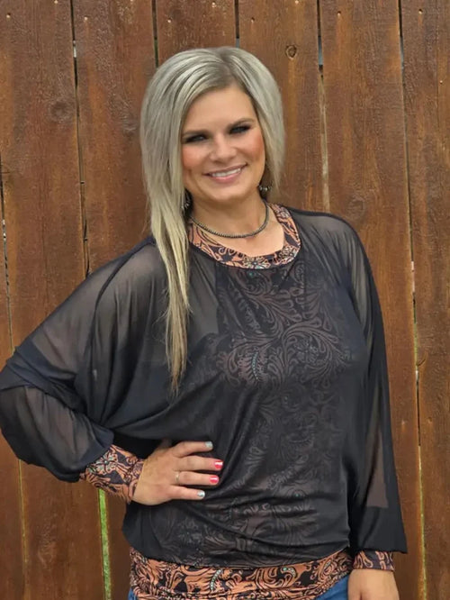 Sterling Kreek Women's Western Dreams Tooled Leather Print Tank & Black Mesh Overlay Long Sleeve Top