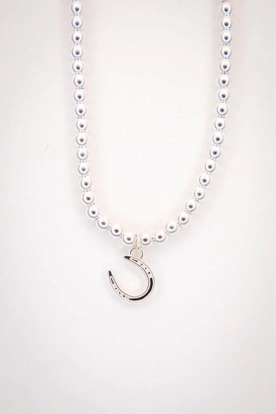 West & Co 18" 18K White Gold Plated Beaded Horseshoe Charm Necklace WC-N1521WG