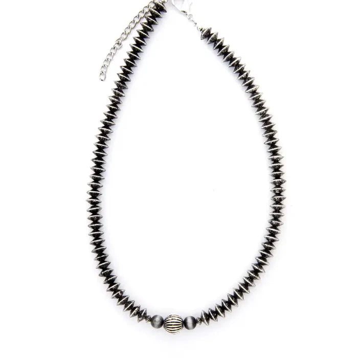 West & Co 18" Burnished Silver Beaded Disc & Melon Bead Accent Necklace N1516