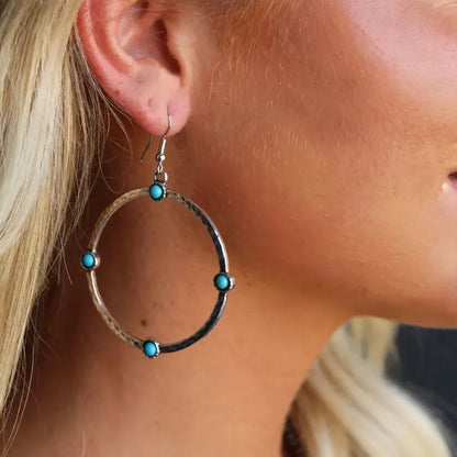 West & Co Hammered Burnished Silver Turquoise Dot Accent Hoop Dangle Earrings E1008