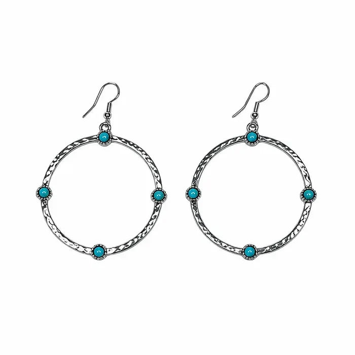 West & Co Hammered Burnished Silver Turquoise Dot Accent Hoop Dangle Earrings E1008