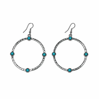West & Co Hammered Burnished Silver Turquoise Dot Accent Hoop Dangle Earrings E1008