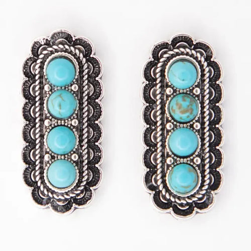 West & Co Turquoise & Burnished Silver 4 Stone Stamped Border Rectangle Earrings E1416