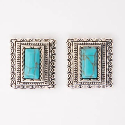 West & Co Turquoise Rectangle Burnished Silver Stamped Border Earrings E1413