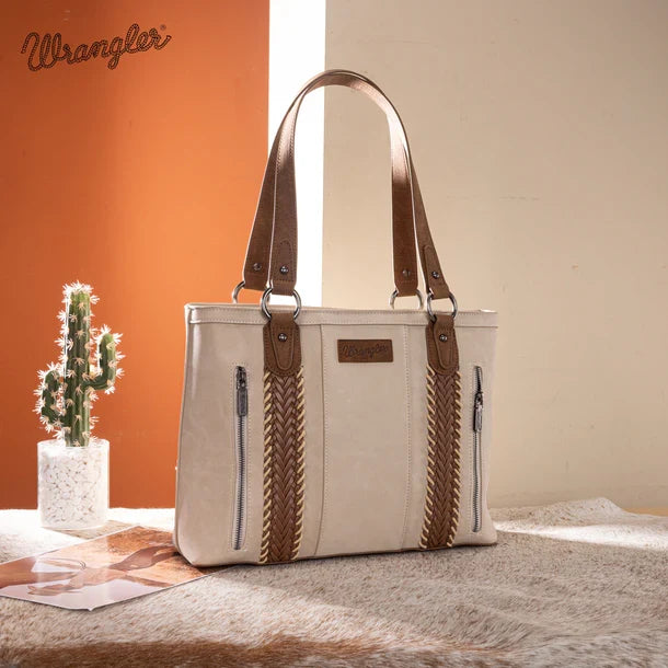 Wrangler Beige Braided Whipstitch Zippered Large Tote WG217-2002BG