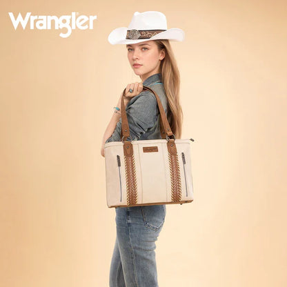 Wrangler Beige Braided Whipstitch Zippered Large Tote WG217-2002BG