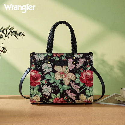 Wrangler Black Floral Print Braided Handle Large Tote Bag/Crossbody WG438-8130BK