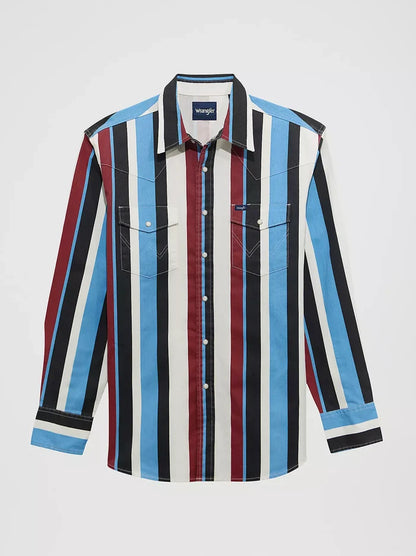 Wrangler Boy's Blue Raspberry Striped Brushpopper Pearl Snap Long Sleeve Western Shirt 112375804