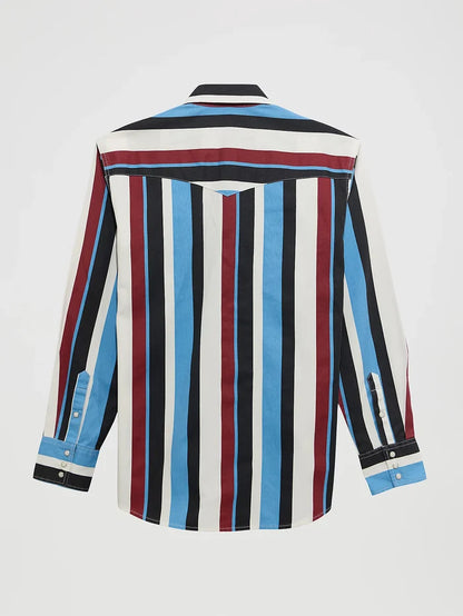 Wrangler Boy's Blue Raspberry Striped Brushpopper Pearl Snap Long Sleeve Western Shirt 112375804