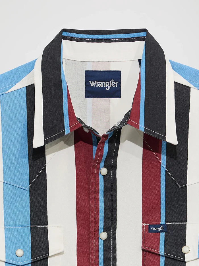 Wrangler Boy's Blue Raspberry Striped Brushpopper Pearl Snap Long Sleeve Western Shirt 112375804