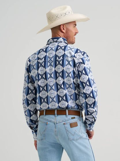 Wrangler Men's Blue Diamondback Checotah Print Pearl Snap Long Sleeve Western Shirt 112374917
