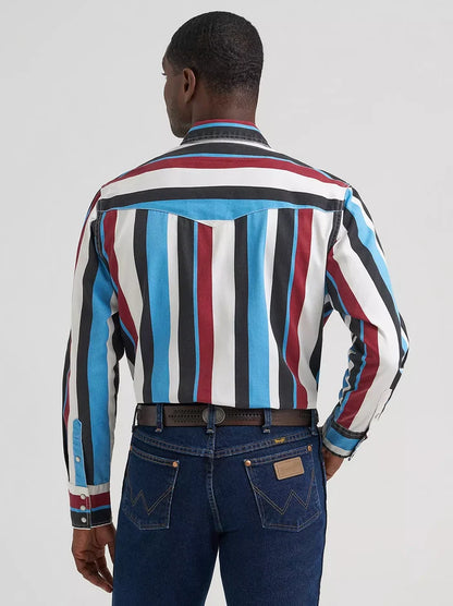Wrangler Men's Blue Raspberry Striped Brushpopper Pearl Snap Long Sleeve Western Shirt 112374804