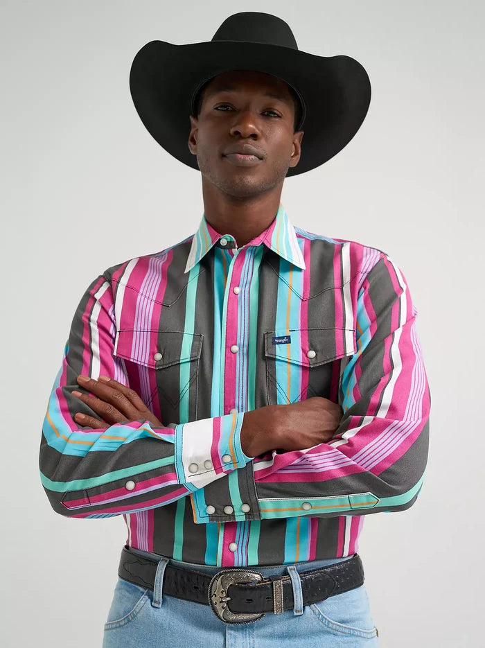 Wrangler Men's Desert Dusk Striped Brushpopper Pearl Snap Long Sleeve Western Shirt 112379230