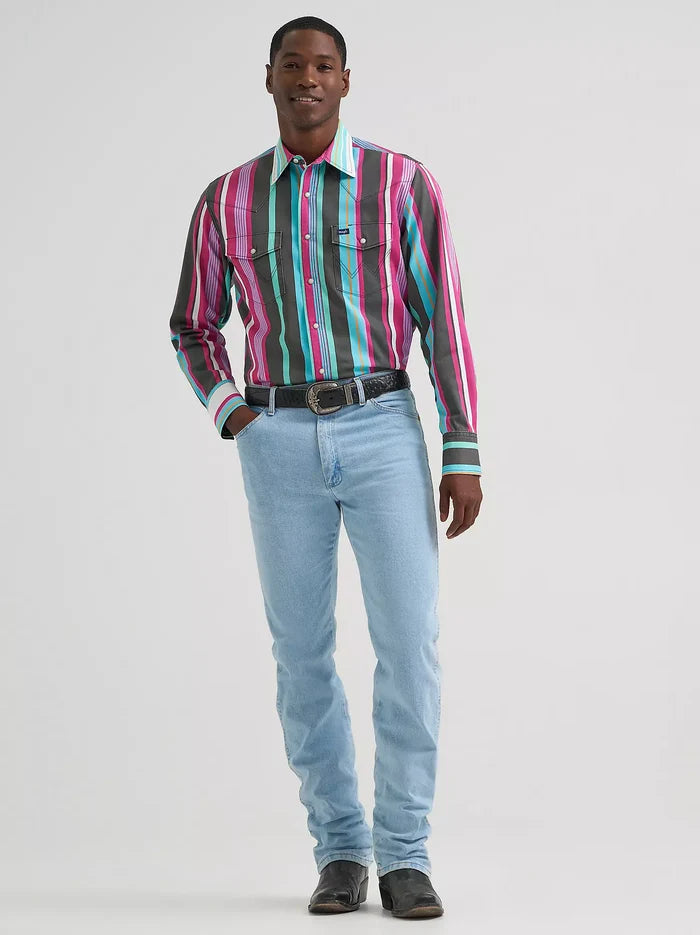 Wrangler Men's Desert Dusk Striped Brushpopper Pearl Snap Long Sleeve Western Shirt 112379230