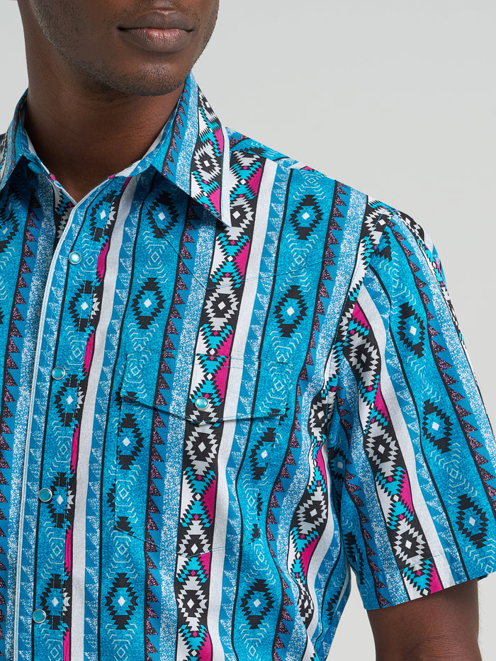 Wrangler Men's Teal Aztec Stripe Checotah Print Pearl Snap Short Sleeve Western Shirt 112379227