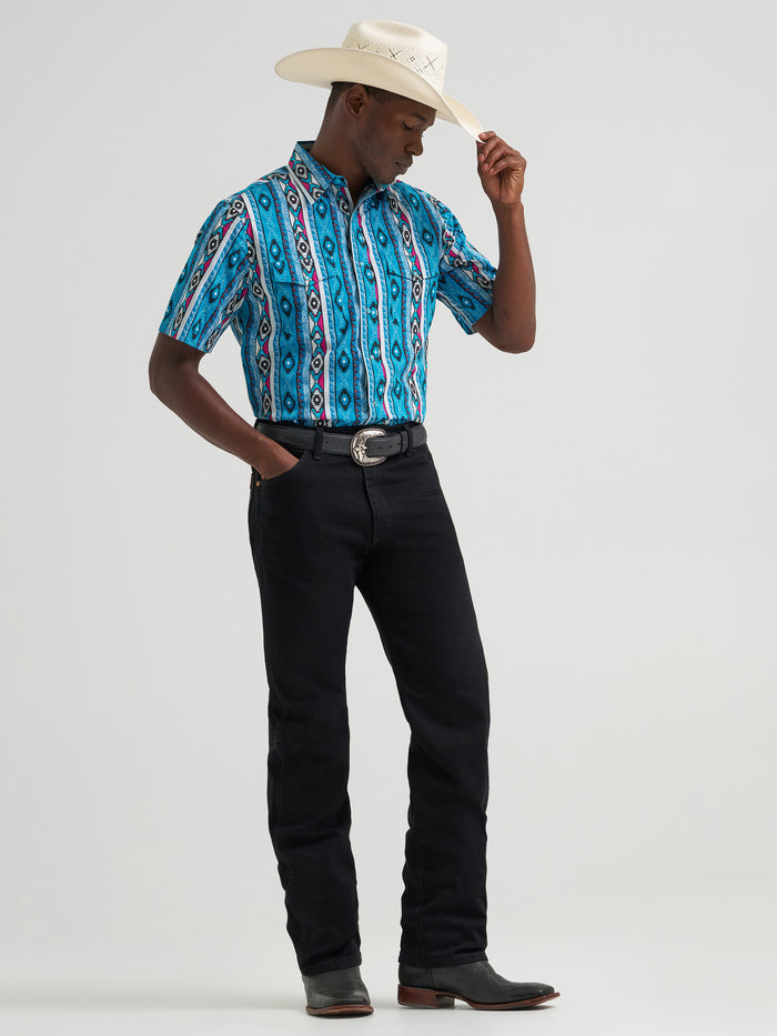 Wrangler Men's Teal Aztec Stripe Checotah Print Pearl Snap Short Sleeve Western Shirt 112379227