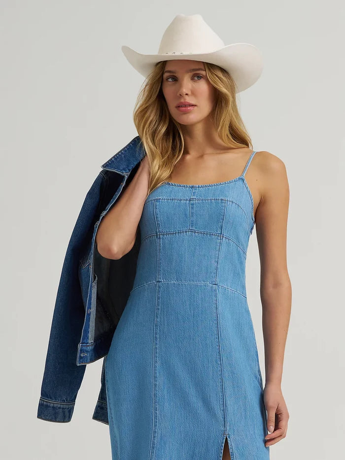 Wrangler Retro Woman's Medium Wash Denim Spaghetti Strap Maxi Dress 112375237