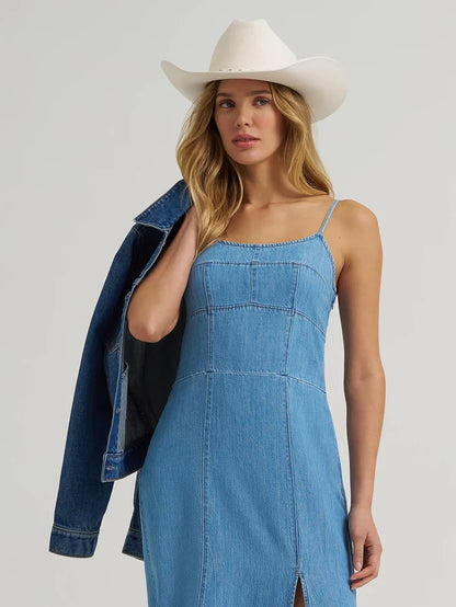 Wrangler Retro Woman's Medium Wash Denim Spaghetti Strap Maxi Dress 112375237