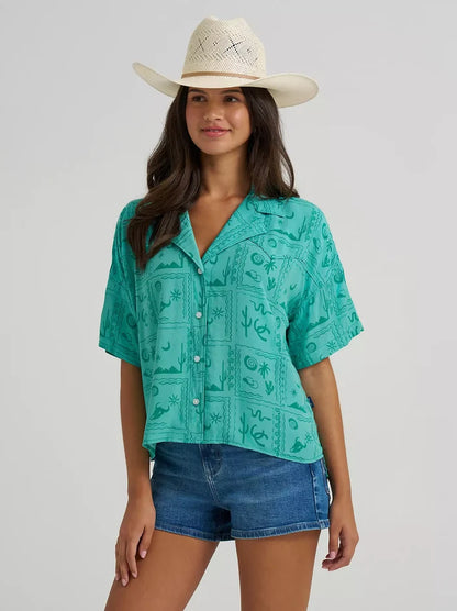 Wrangler Retro Women's Green Square Western Print Button Short Sleeve Camp Shirt 112379494