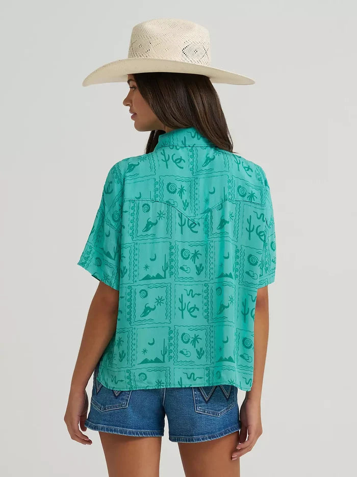 Wrangler Retro Women's Green Square Western Print Button Short Sleeve Camp Shirt 112379494