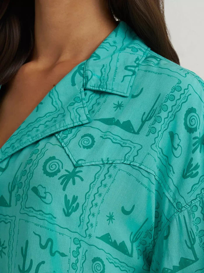 Wrangler Retro Women's Green Square Western Print Button Short Sleeve Camp Shirt 112379494