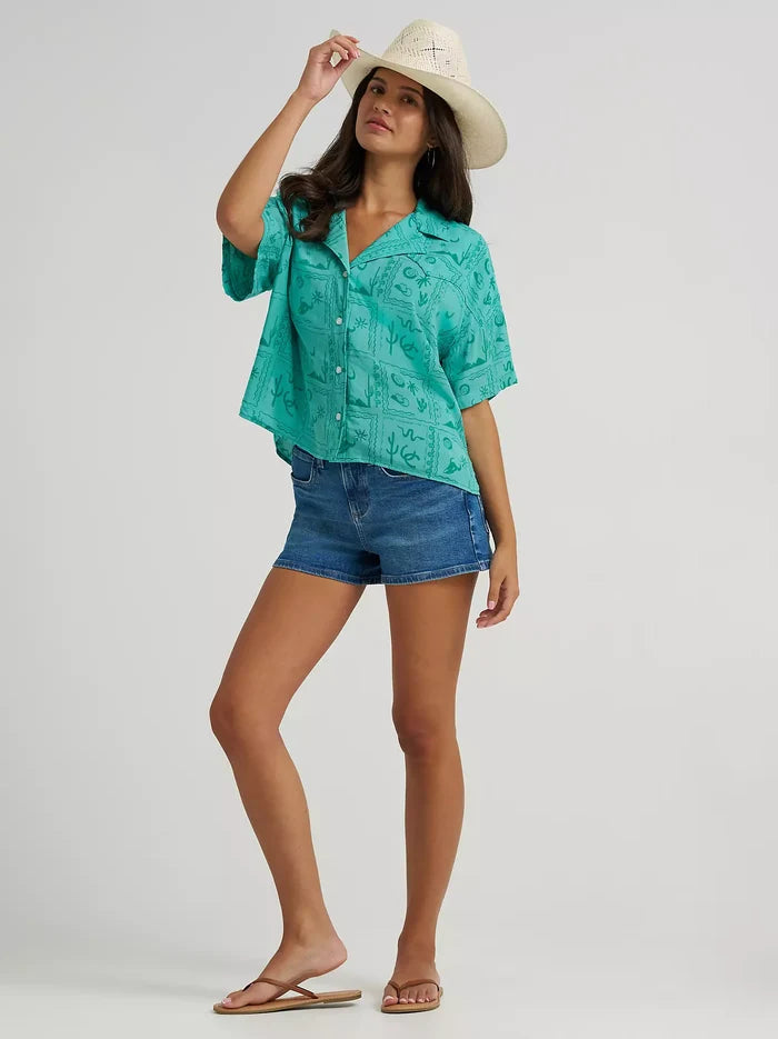 Wrangler Retro Women's Green Square Western Print Button Short Sleeve Camp Shirt 112379494