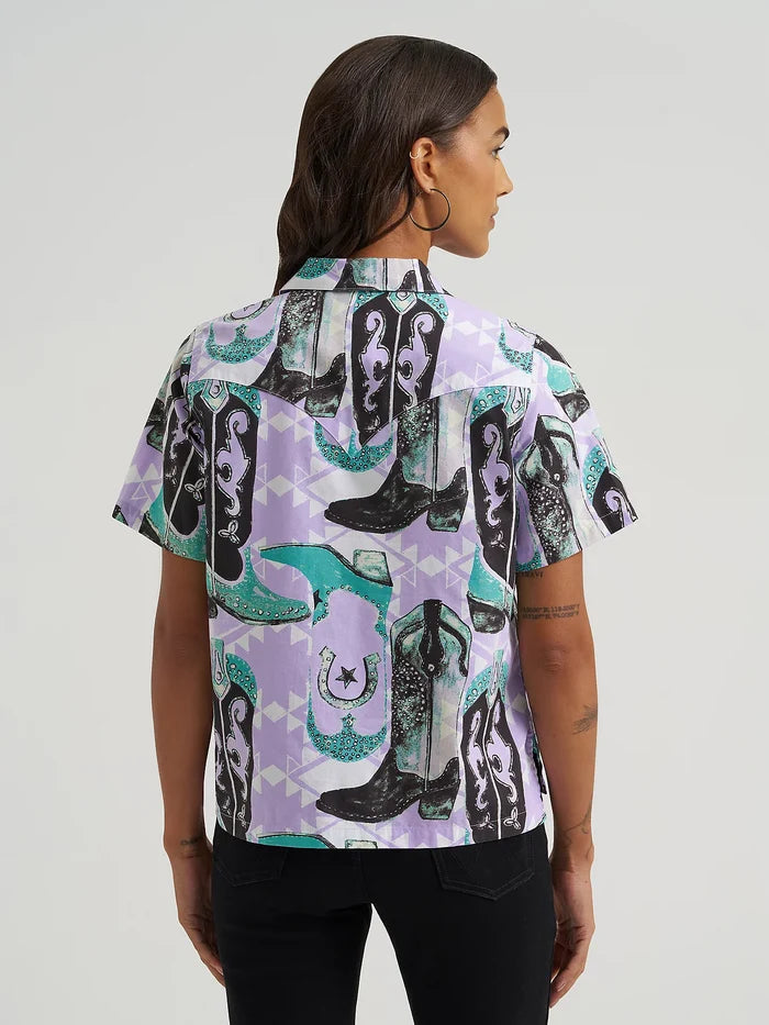 Wrangler Retro Women's Purple Cowgirl Western Print Button Short Sleeve Camp Shirt 112375109