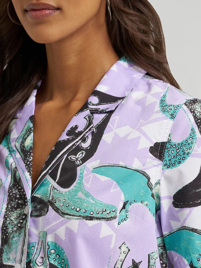 Wrangler Retro Women's Purple Cowgirl Western Print Button Short Sleeve Camp Shirt 112375109