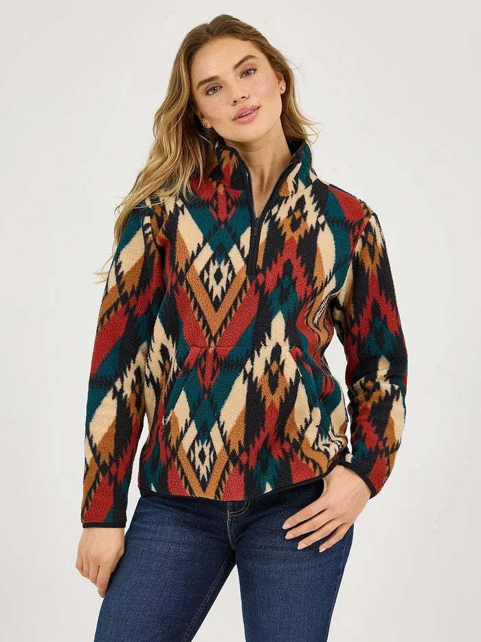 Wrangler Retro Women's Turquoise Western Aztec Print 1/4 Zip Sherpa Pullover 112371898