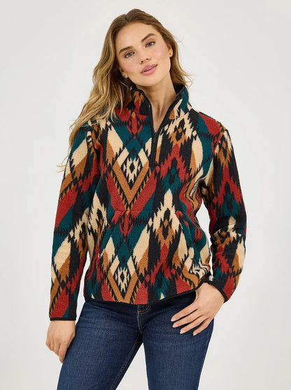 Wrangler Retro Women's Turquoise Western Aztec Print 1/4 Zip Sherpa Pullover 112371898