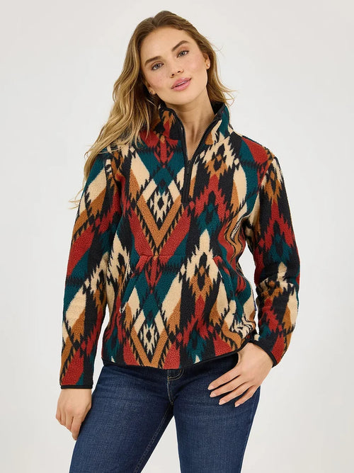 Wrangler Retro Women's Turquoise Western Aztec Print 1/4 Zip Sherpa Pullover 112371898