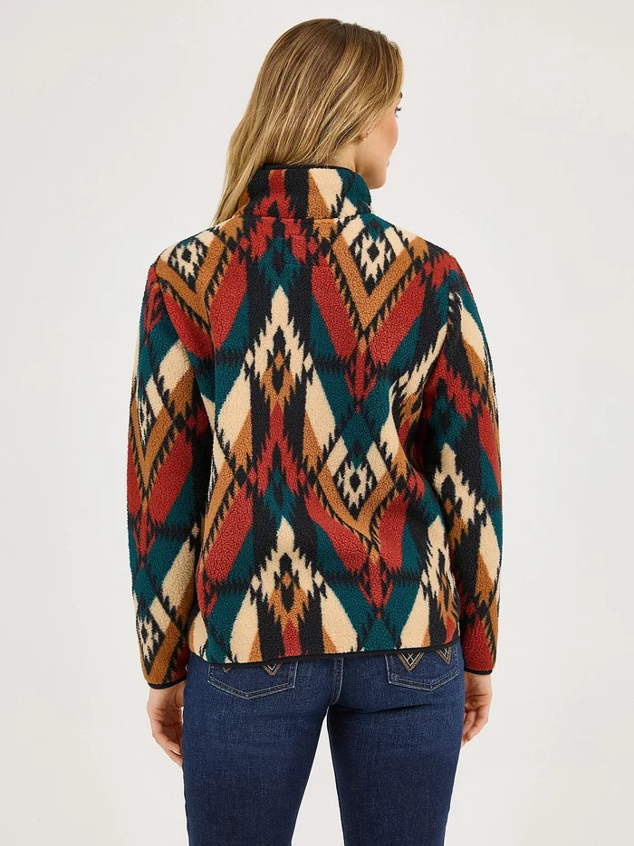 Wrangler Retro Women's Turquoise Western Aztec Print 1/4 Zip Sherpa Pullover 112371898