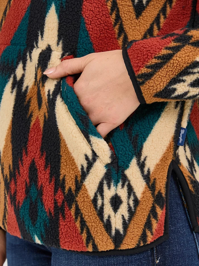 Wrangler Retro Women's Turquoise Western Aztec Print 1/4 Zip Sherpa Pullover 112371898
