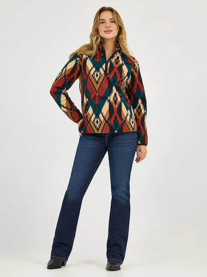Wrangler Retro Women's Turquoise Western Aztec Print 1/4 Zip Sherpa Pullover 112371898