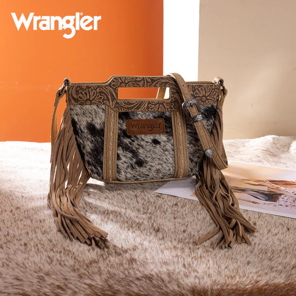 Wrangler Tan Genuine Hair-On Cowhide Top Handle Fringe Crossbody Bag WG283-8015TN