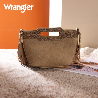 Wrangler Tan Genuine Hair-On Cowhide Top Handle Fringe Crossbody Bag WG283-8015TN