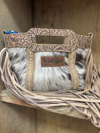 Wrangler Tan Genuine Hair-On Cowhide Top Handle Fringe Crossbody Bag WG283-8015TN