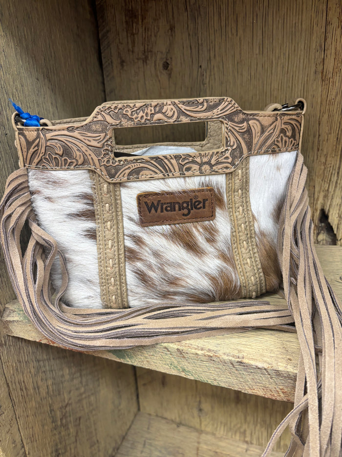 Wrangler Tan Genuine Hair-On Cowhide Top Handle Fringe Crossbody Bag WG283-8015TN