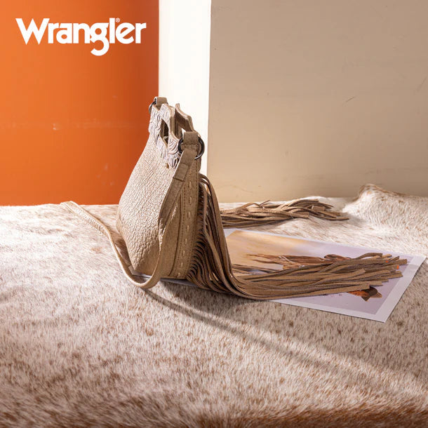 Wrangler Tan Genuine Hair-On Cowhide Top Handle Fringe Crossbody Bag WG283-8015TN