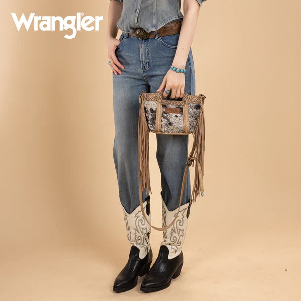 Wrangler Tan Genuine Hair-On Cowhide Top Handle Fringe Crossbody Bag WG283-8015TN