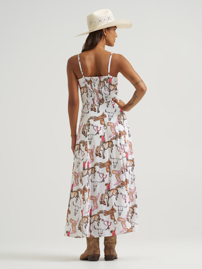 Wrangler Woman's White Bronco Rider Western Print Spaghetti Strap Maxi Dress 112379527