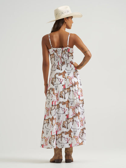 Wrangler Woman's White Bronco Rider Western Print Spaghetti Strap Maxi Dress 112379527