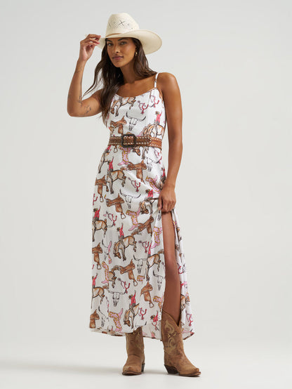 Wrangler Woman's White Bronco Rider Western Print Spaghetti Strap Maxi Dress 112379527