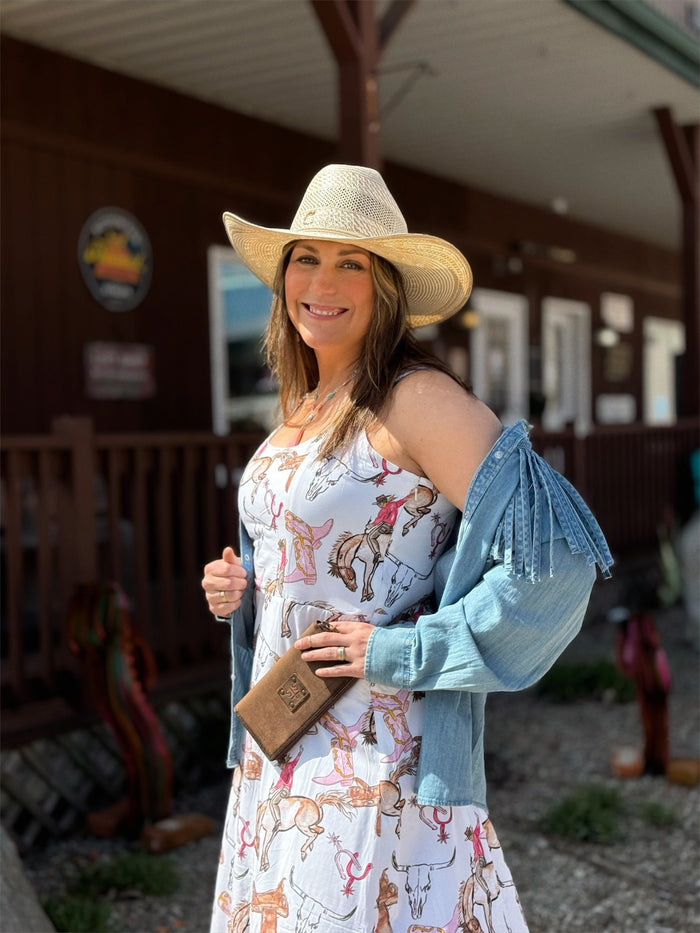 Wrangler Woman's White Bronco Rider Western Print Spaghetti Strap Maxi Dress 112379527