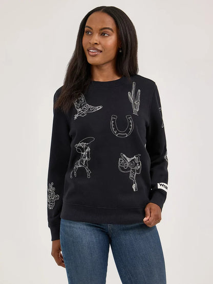 Wrangler Women's Black Western Cowboy Icons Graphic Pullover Sweatshirt 112371617