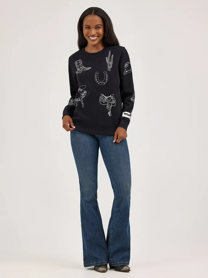 Wrangler Women's Black Western Cowboy Icons Graphic Pullover Sweatshirt 112371617