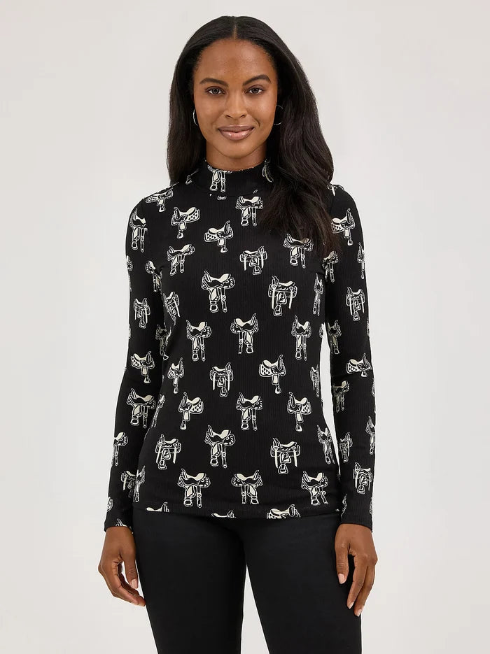 Wrangler Women's Black Western Saddle Print Long Sleeve Mock Neck Shirt 112371630