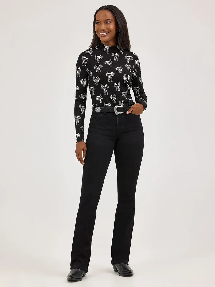 Wrangler Women's Black Western Saddle Print Long Sleeve Mock Neck Shirt 112371630