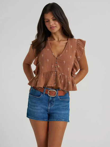 Wrangler Women's Brown Cactus Print Gauzy Flutter Sleeve Cropped Blouse 112380602